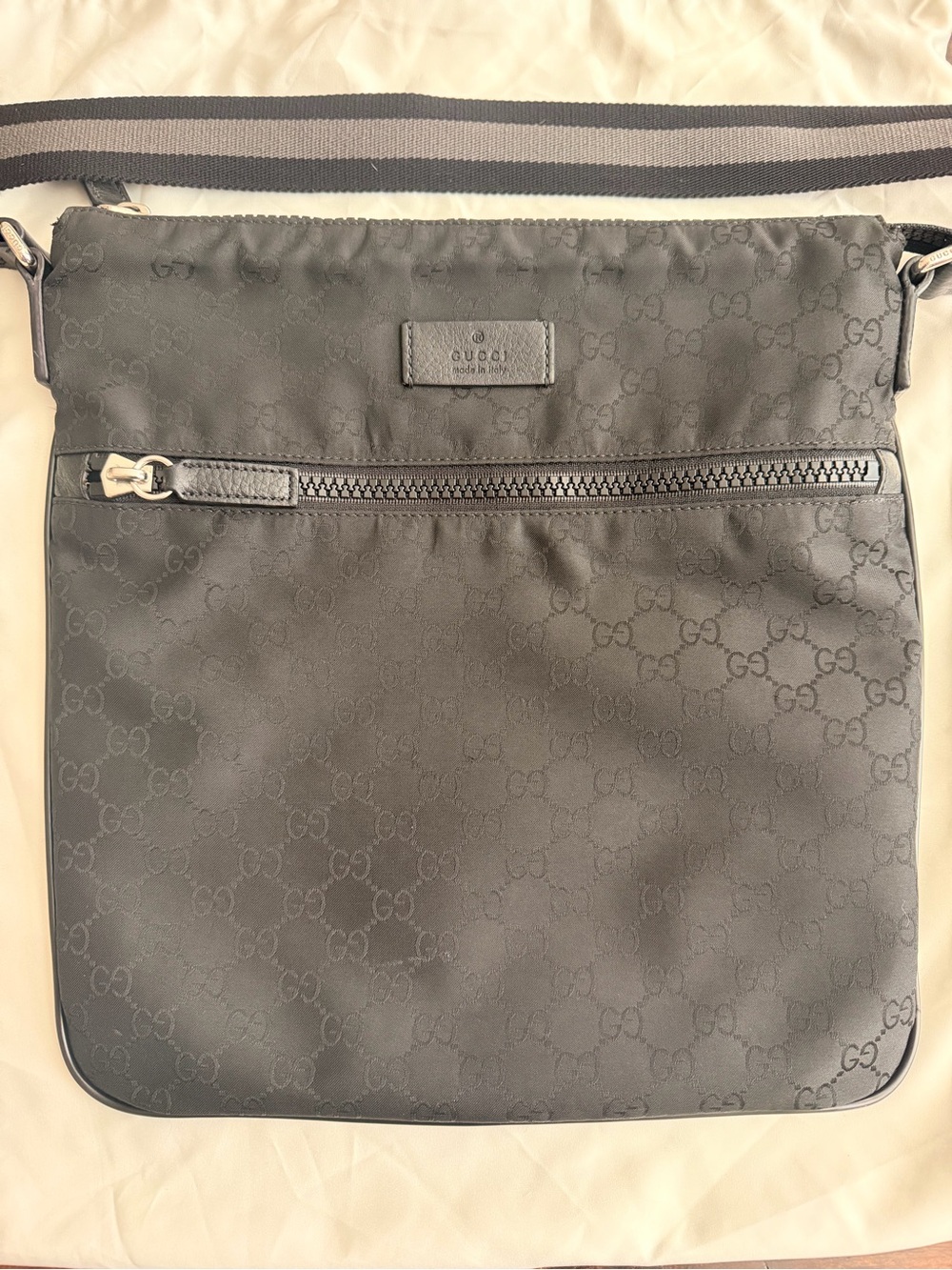 Gucci Black GG Nylon Messenger Crossbody with Striped Strap